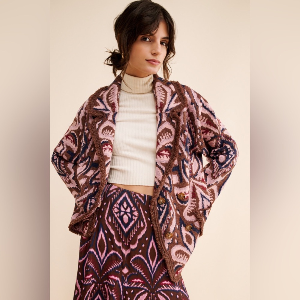 FARM Rio Pink and Brown Patterned Cardigan